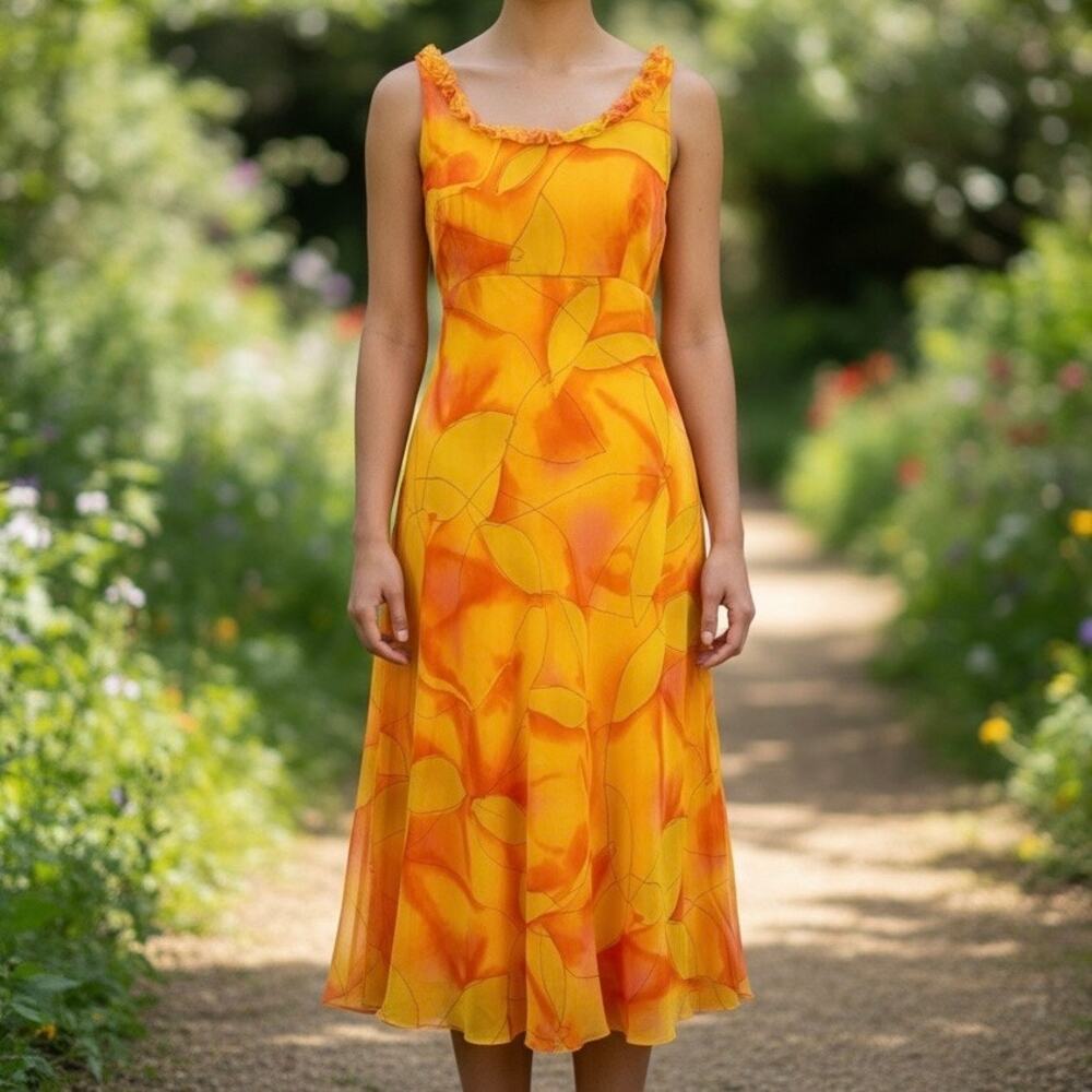 Chetta B Vintage Tropical Floral Slip Dress Women's 12 Yellow Orange Floral